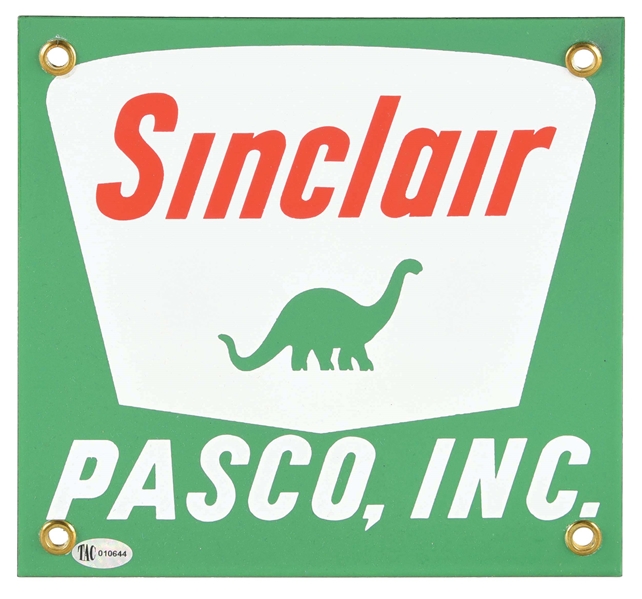 UNIQUE SINCLAIR OILS PORCELAIN SIGN FOR PASCO INC. W/ DINO GRAPHIC. 