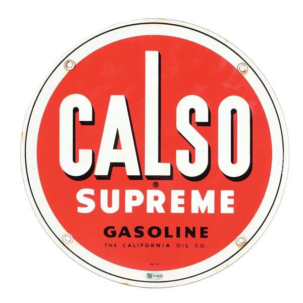 CALSO SUPREME GASOLINE PORCELAIN PUMP PLATE SIGN. 