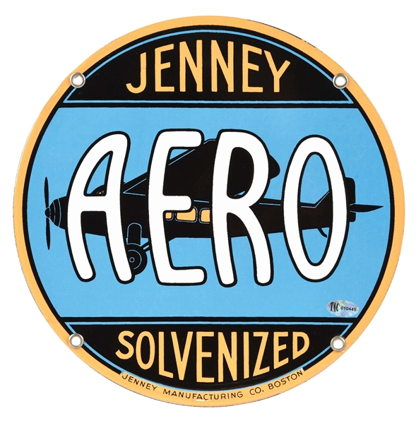 VERY RARE JENNEY AERO SOLVENIZED GASOLINE 9" PORCELAIN PUMP PLATE W/ AIRPLANE GRAPHIC. 