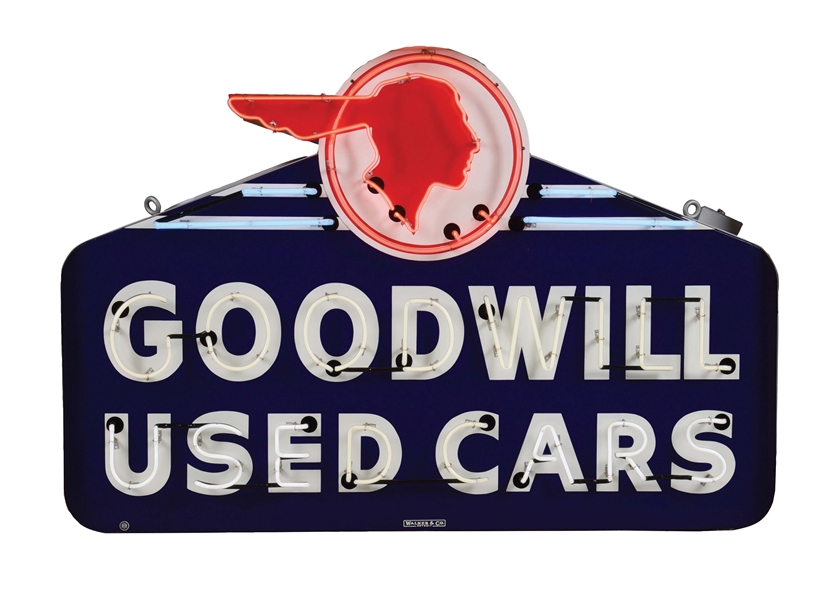 OUTSTANDING PONTIAC GOODWILL USED CARS PORCELAIN NEON SIGN W/ FULL FEATHERED NATIVE AMERICAN GRAPHIC. 