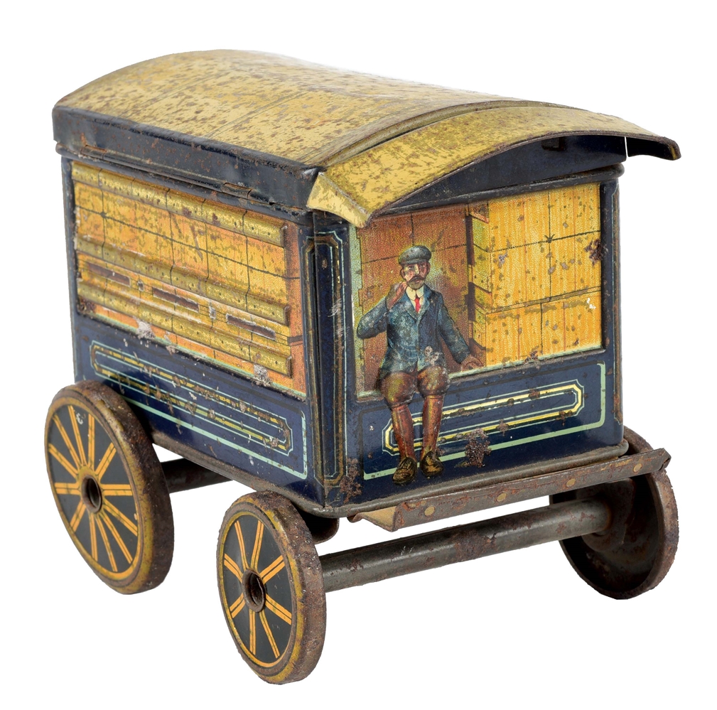 BLUE AND YELLOW HORSE-DRAWN DELIVERY VAN TIN.