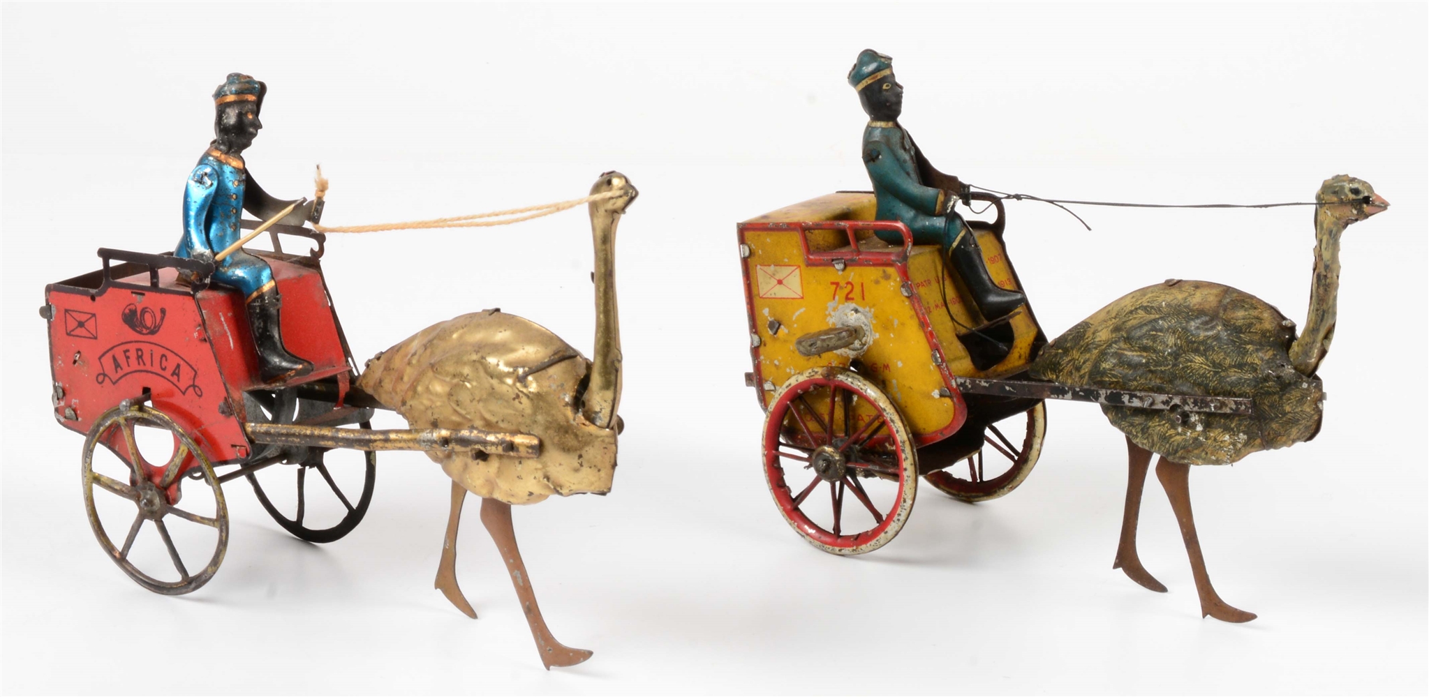 LOT OF 2: EARLY LEHMANN OSTRICH CART TOYS, PULLED BY DRIVERS.