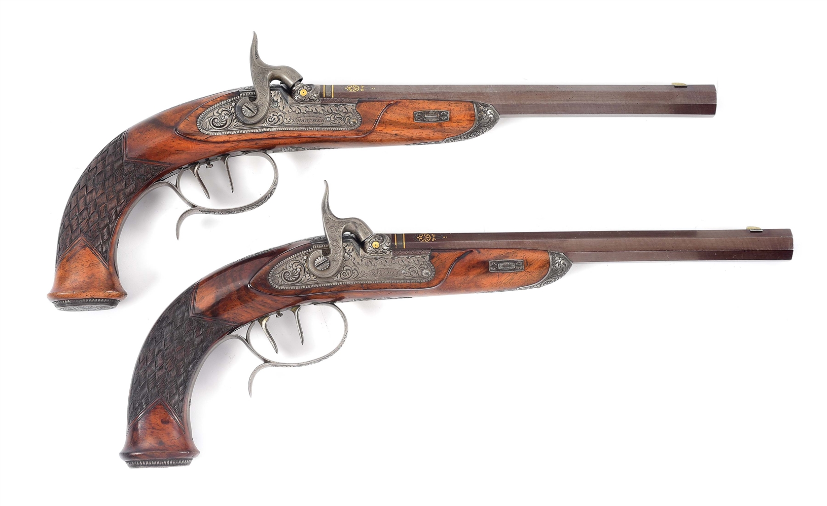 (A) A GORGEOUS PAIR OF BOHEMIAN PERCUSSION PISTOLS BY J. MASCHEK, IN AN ASSOCIATED CASE.