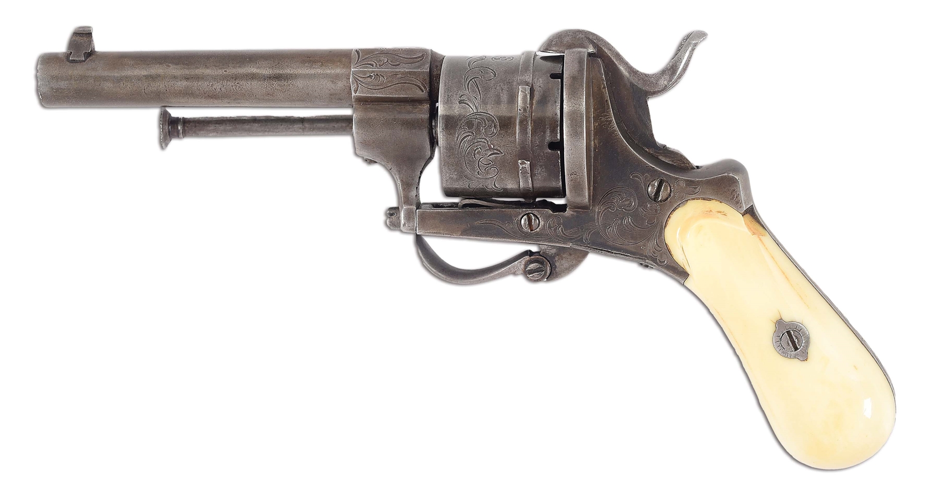 (A) ATTRACTIVE BELGIAN PIPE CASED PINFIRE REVOLVER.