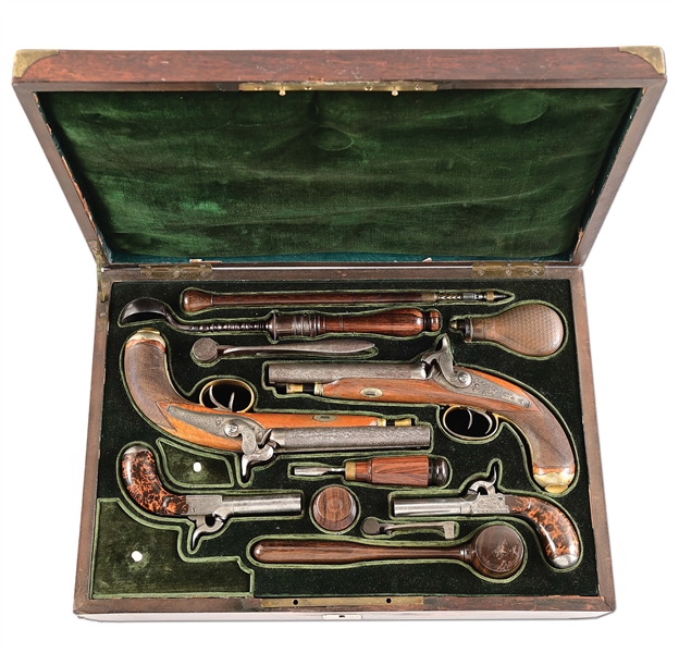(A) EXTREMELY RARE CASED SET OF 4 BELGIAN PERCUSSION PISTOLS. 