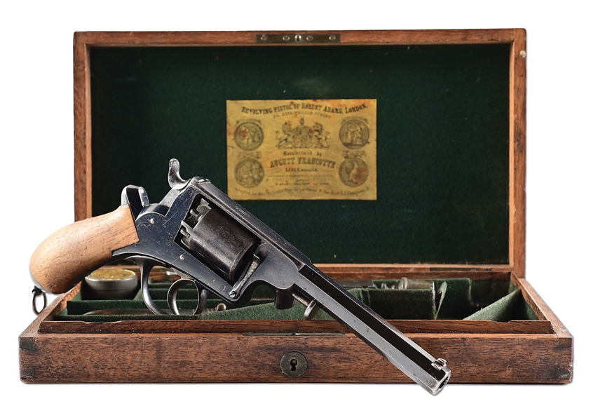 (A) CASED AUGUST FRANCOTTE ADAMS-BEAUMONT PATENT PERCUSSION REVOLVER.