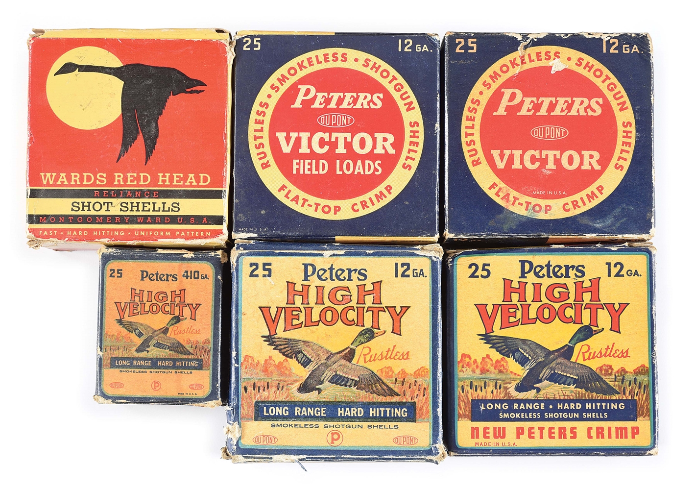 LOT OF 6: PETERS AND MONTGOMERY WARDS VINTAGE SHOTGUN AMMUNITION BOXES.
