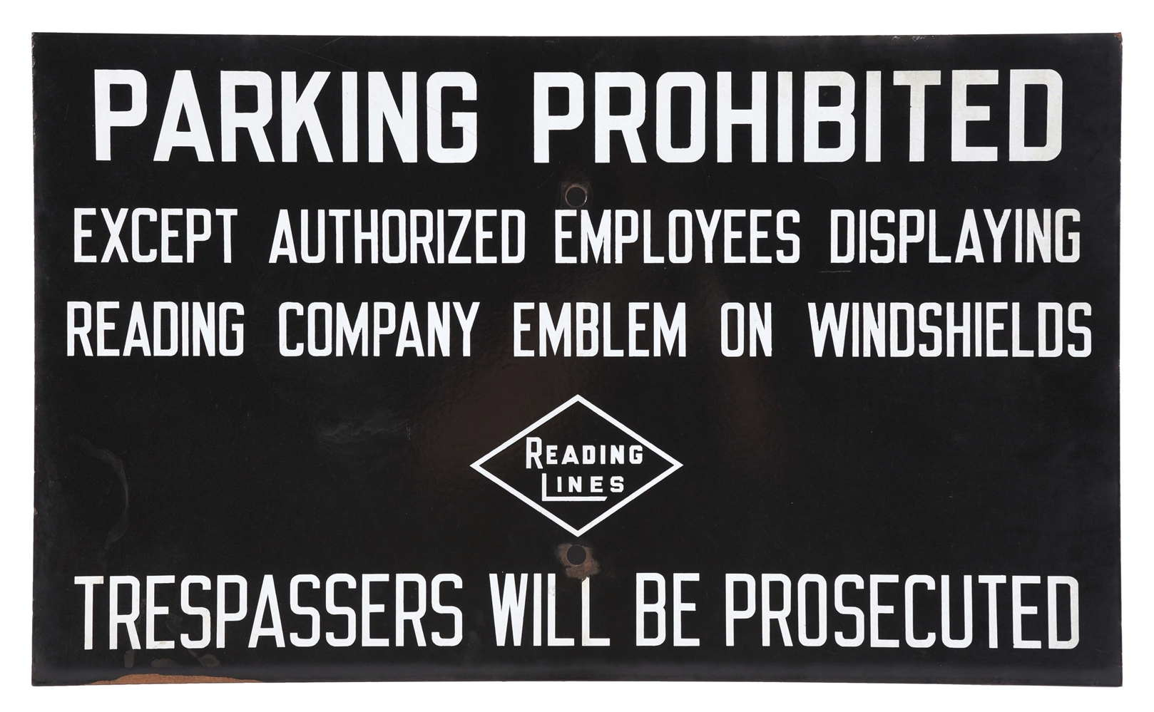 "READING LINES PARKING PROHIBITED" SINGLE SIDED PORCELAIN SIGN.