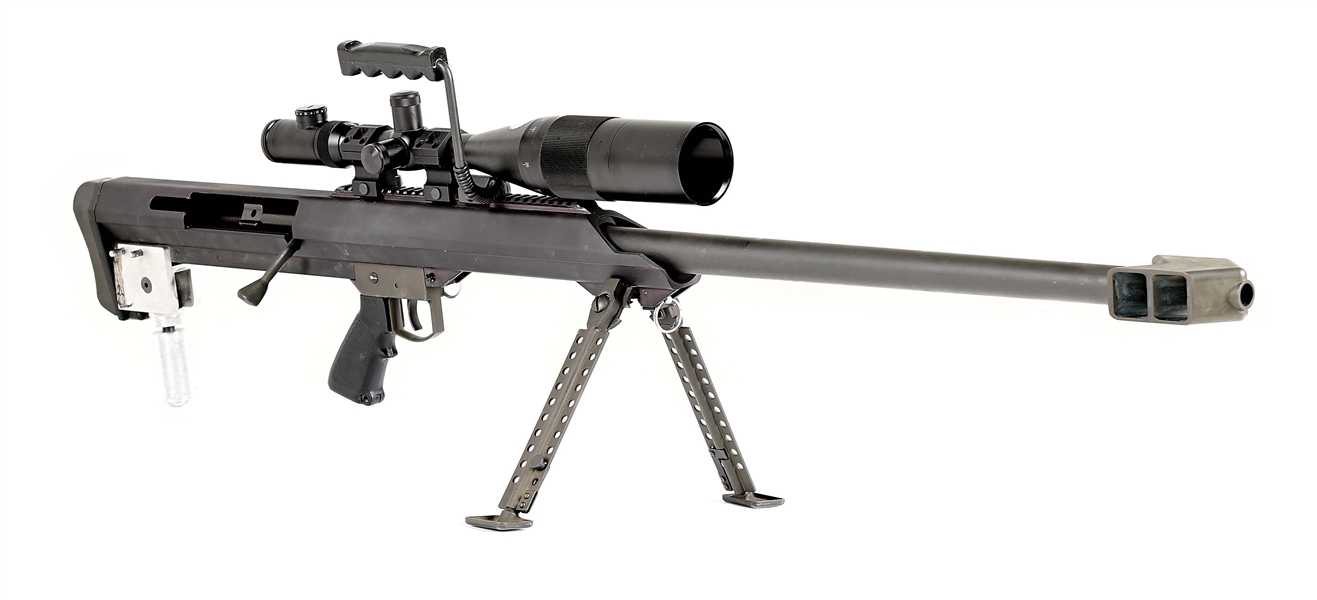 (M) BARRETT M99 .50 BMG SINGLE SHOT RIFLE WITH NIGHTFORCE SCOPE, AMMUNITION, AND RELOADING EQUIPMENT.