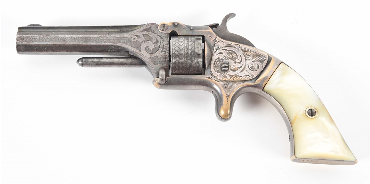 (A) ENGRAVED SMITH & WESSON NO. 1 REVOLVER WITH PEARL STOCKS.