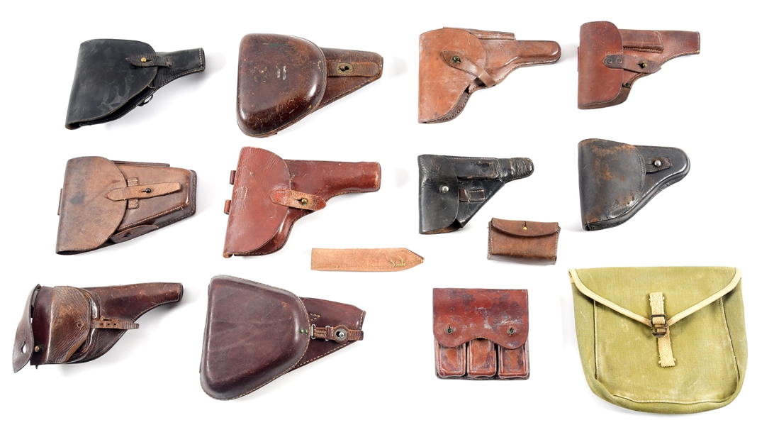 LOT OF 13: WWI-POST WWII HOLSTERS, 2 MAG POUCHES, AND CANVAS BAG. 
