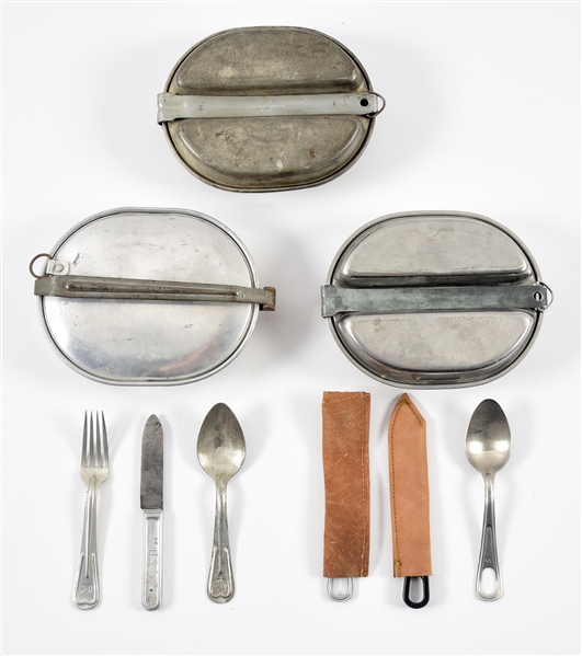 LOT OF 3: US WWI-WWII MESS KITS WITH UTENSILS.