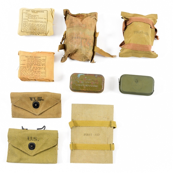 LOT OF 9: US WWII FIRST AID KITS AND ACCESSORIES.