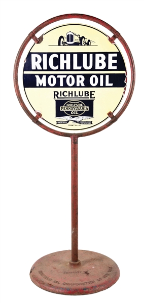 RICHLUBE MOTOR OILS PORCELAIN CURB SIGN W/ RACE CAR GRAPHIC. 