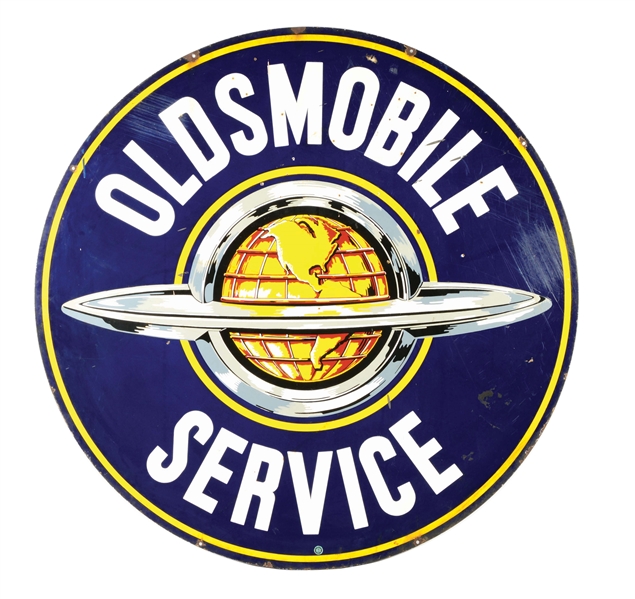 DOUBLE SIDED PORCELAIN OLDSMOBILE SERVICE SIGN.