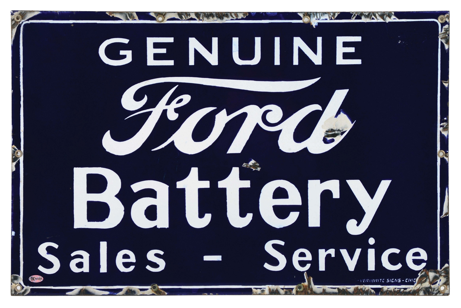 SINGLE SIDED PORCELAIN GENUINE FORD BATTERY SALES AND SERVICE SIGN.