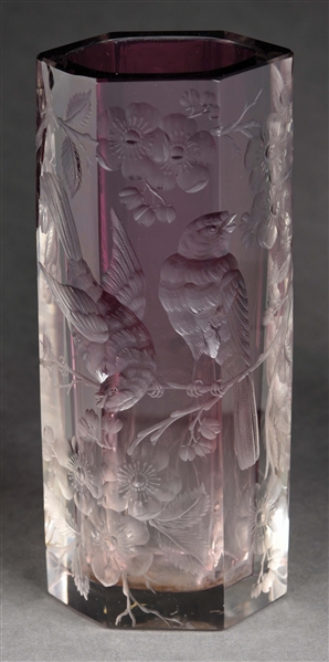 MOSER ALEXANDRITE ETCHED GLASS VASE.