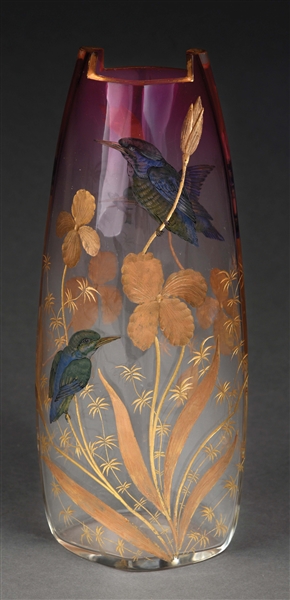 MOSER ETCHED VASE WITH BIRD.