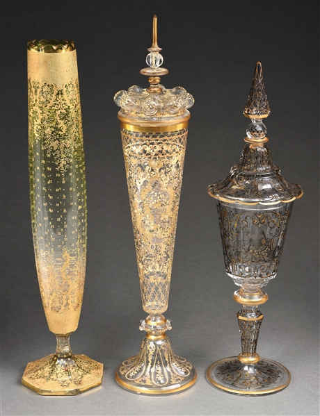 LOT OF 3: LIDDED CHALICES & TALL VASE.