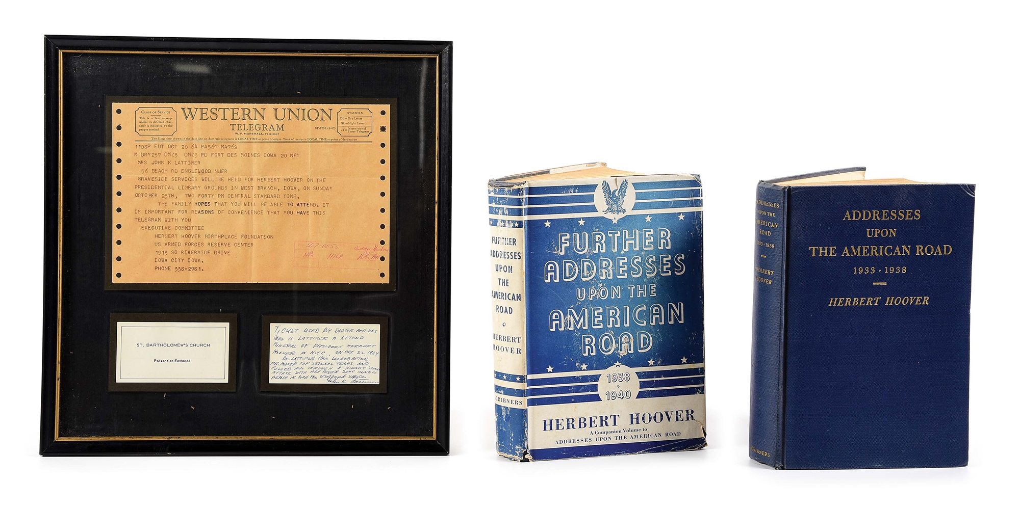 LOT OF 3: HERBERT HOOVER SIGNED BOOKS AND FRAMED TELEGRAM REGARDING HIS DEATH IN 1964.