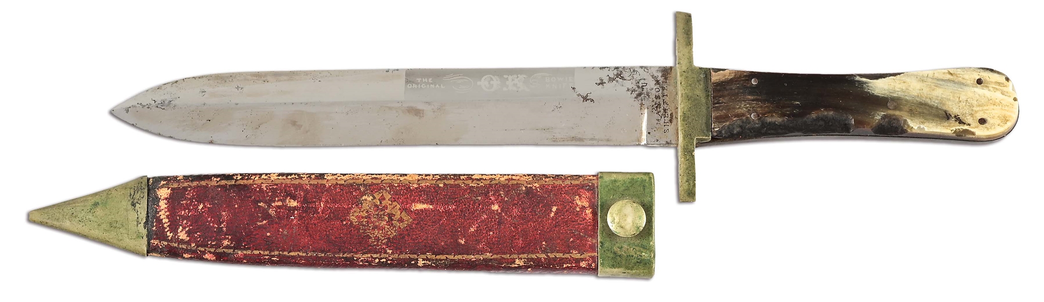 MANSON, SHEFFIELD SPEAR POINT BOWIE KNIFE WITH ETCHED BLADE.