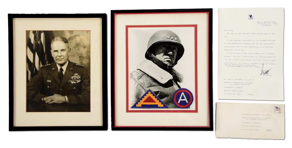 LOT OF 3: GENERAL GEORGE PATTON AND MAXWELL TAYLOR SIGNED PHOTOS AND MATTHEW RIDGWAY SIGNED LETTER.