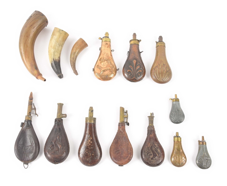LOT OF 14: 19TH CENTURY POWDER HORNS AND POWDER FLASKS.