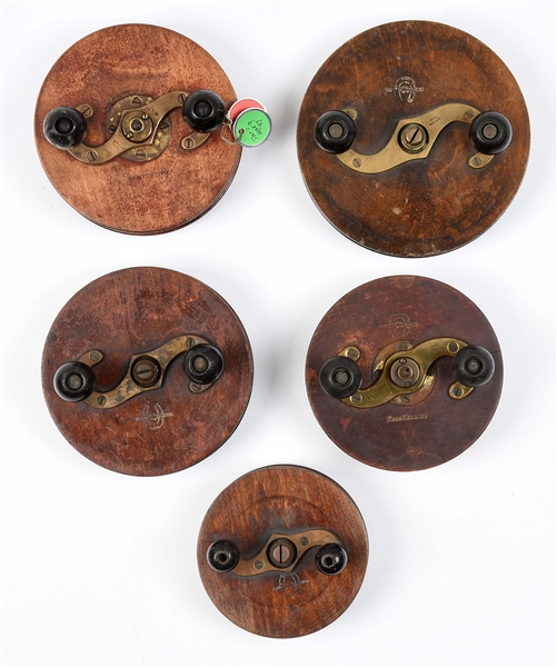 LOT OF 5: GOOD LUCK BRAND WOODEN FISHING REELS. 