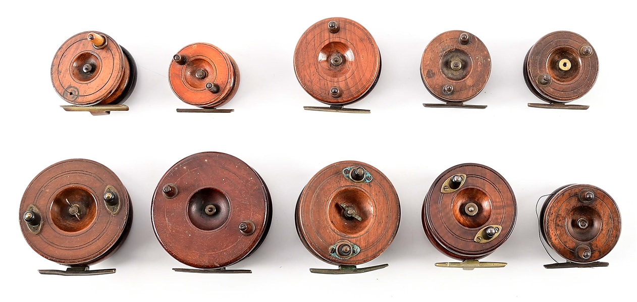 LOT OF 10: SMALL WOODEN FISHING REELS. 