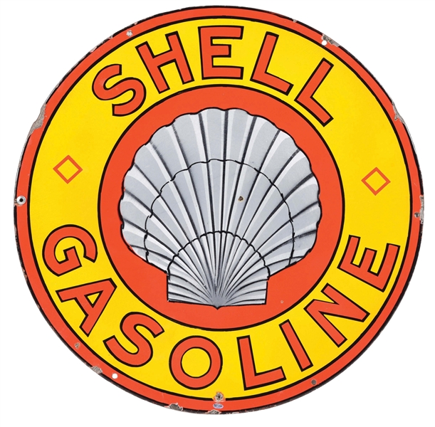 OUTSTANDING SHELL GASOLINE "ROXANNA" PORCELAIN SERVICE STATION SIGN W/ EARLY SHELL GRAPHIC. 