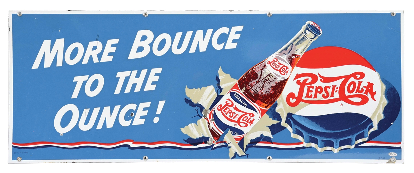 RARE PEPSI COLA "MORE BOUNCE TO THE OUNCE" PORCELAIN SIGN W/ DOUBLE DOT GRAPHIC. 