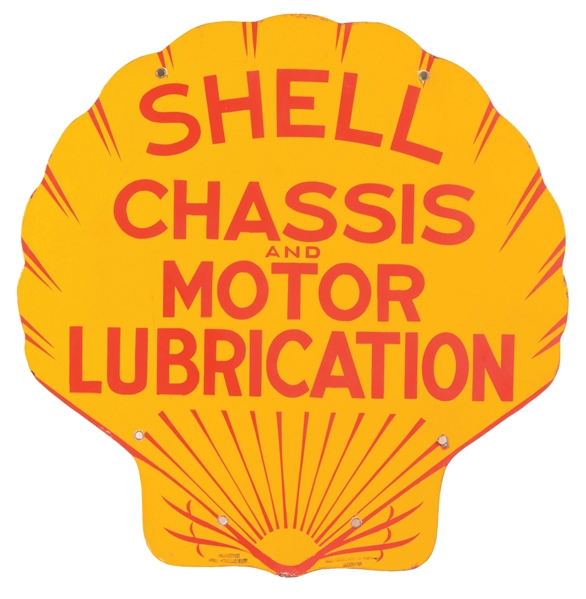 OUTSTANDING SHELL CHASSIS & MOTOR LUBRICATION PORCELAIN SERVICE STATION SIGN. 