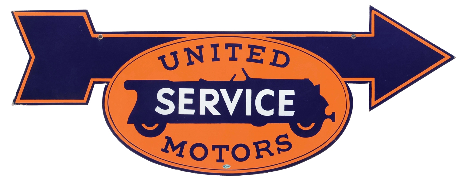 OUTSTANDING UNITED MOTORS SERVICE PORCELAIN DIRECTIONAL ARROW SIGN W/ CAR GRAPHIC. 