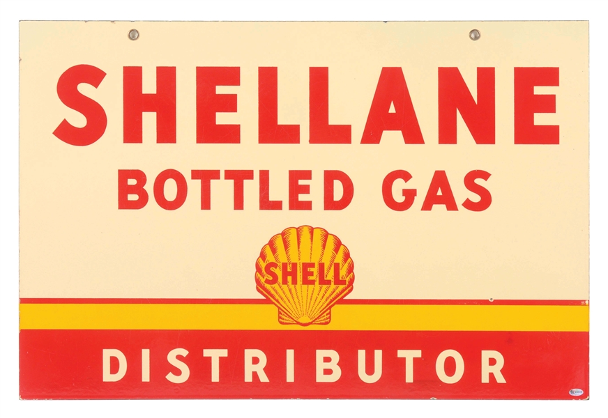 RARE SHELLANE BOTTLED GAS DISTRIBUTOR PORCELAIN SIGN W/ SHELL GRAPHIC. 