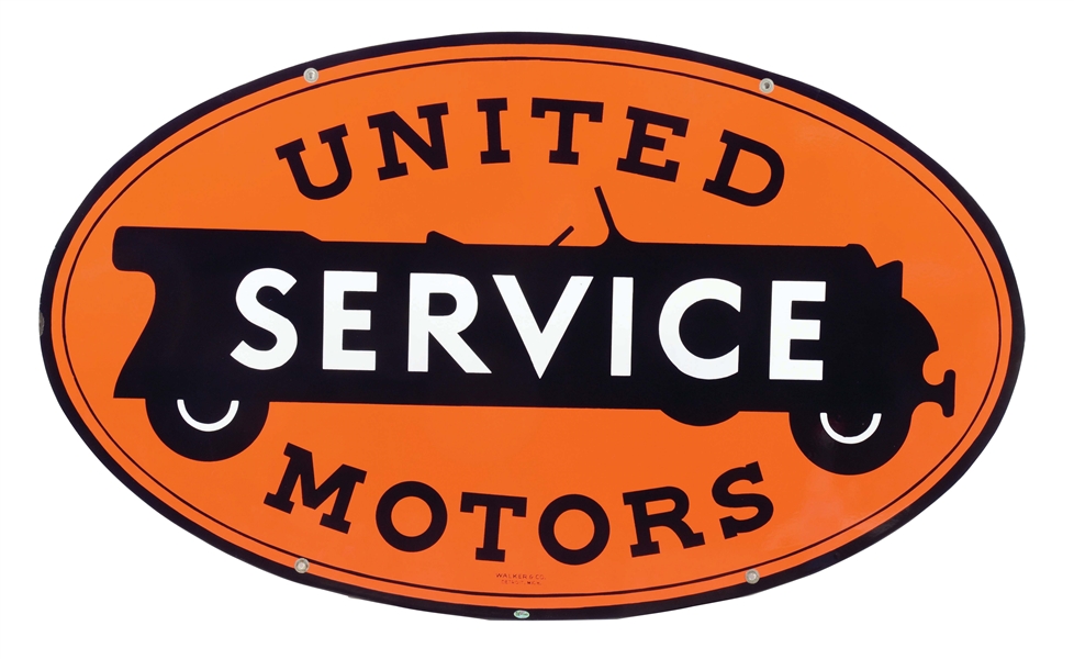 OUTSTANDING UNITED MOTORS SERVICE PORCELAIN SIGN W/ CAR GRAPHIC. 