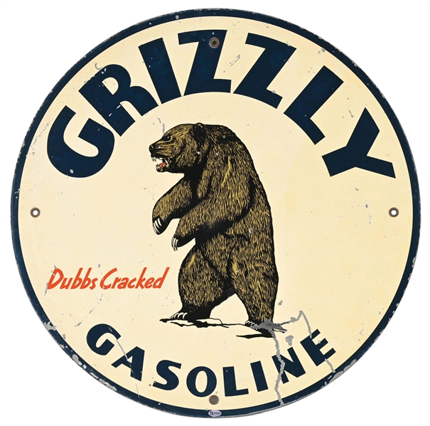 RARE & OUTSTANDING GRIZZLY "DUBBS CRACKED" GASOLINE 24" TIN SIGN W/ GRIZZLY BEAR GRAPHIC. 