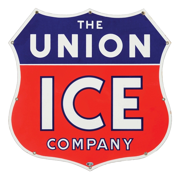 UNION ICE COMPANY PORCELAIN SHIELD SIGN. 