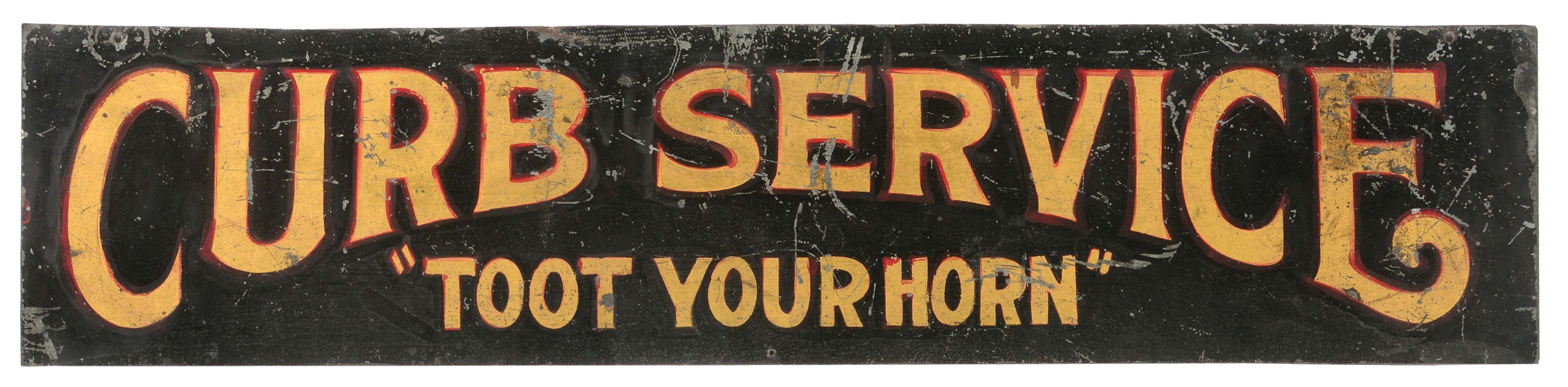 CURB SERVICE "TOOT YOUR HORN" HAND PAINTED TIN SIGN. 
