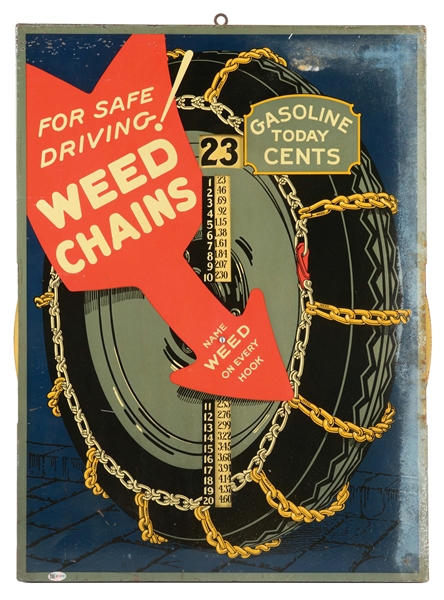 WEED CHAINS TIN SERVICE STATION SIGN W/ GASOLINE PRICER WHEEL. 