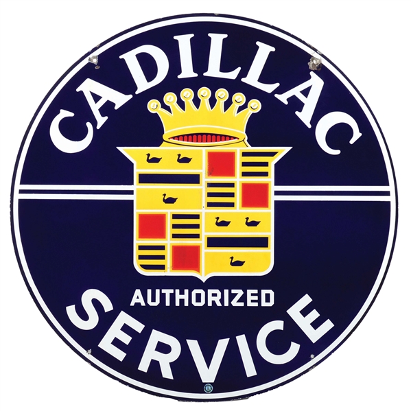 CADILLAC AUTHORIZED SERVICE PORCELAIN SIGN W/ CROWN CREST GRAPHIC. 