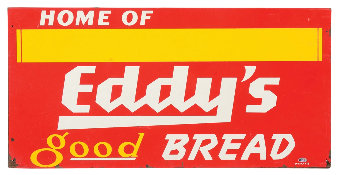 HOME OF EDDYS GOOD BREAD TIN RACK SIGN. 