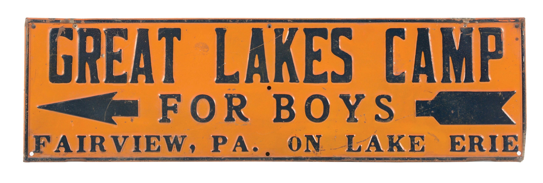 GREAT LAKES CAMP FOR BOYS EMBOSSED TIN SIGN W/ ARROW GRAPHIC. 