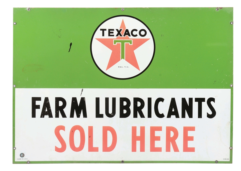 TEXACO FARM LUBRICANTS SOLD HERE PORCELAIN SIGN. 