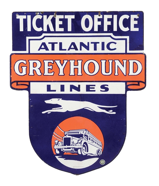 GREYHOUND ATLANTIC LINES TICKET OFFICE PORCELAIN SIGN W/ BUS & DOG GRAPHIC. 