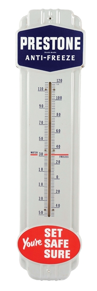 OUTSTANDING PRESTONE ANTI-FREEZE PORCELAIN SERVICE STATION THERMOMETER.