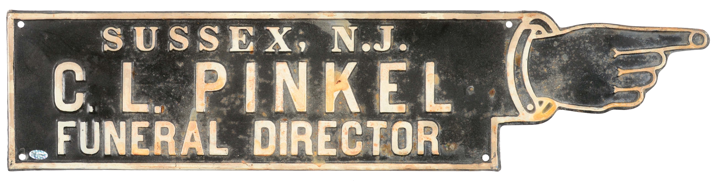 C.L. PINKEL FUNERAL DIRECTOR SUSSEX, NEW JERSEY EMBOSSED TIN FINGER POINTER SIGN. 