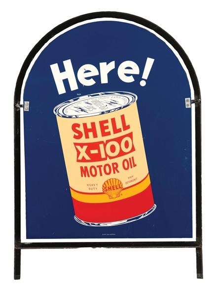 SHELL X-100 MOTOR OIL TIN TOMBSTONE SIGN W/ ORIGINAL CURB STAND. 