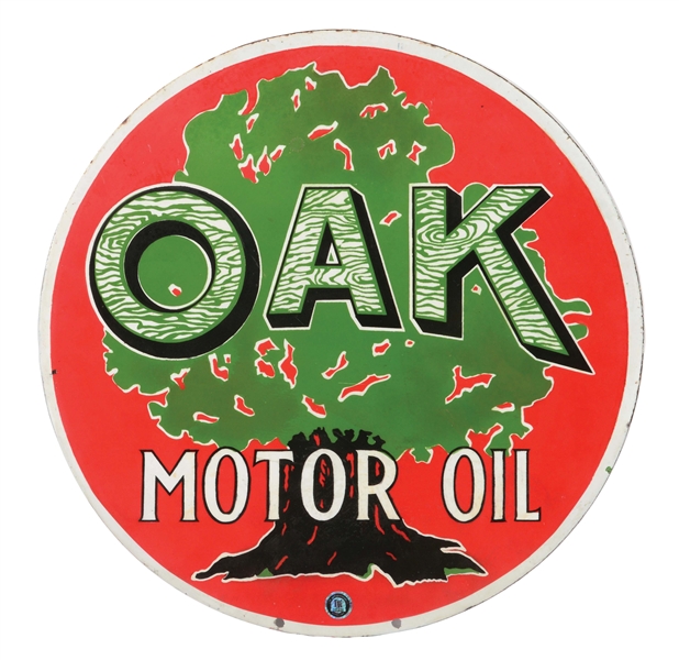 OAK MOTOR OIL PORCELAIN SIGN W/ LARGE TREE GRAPHIC. 