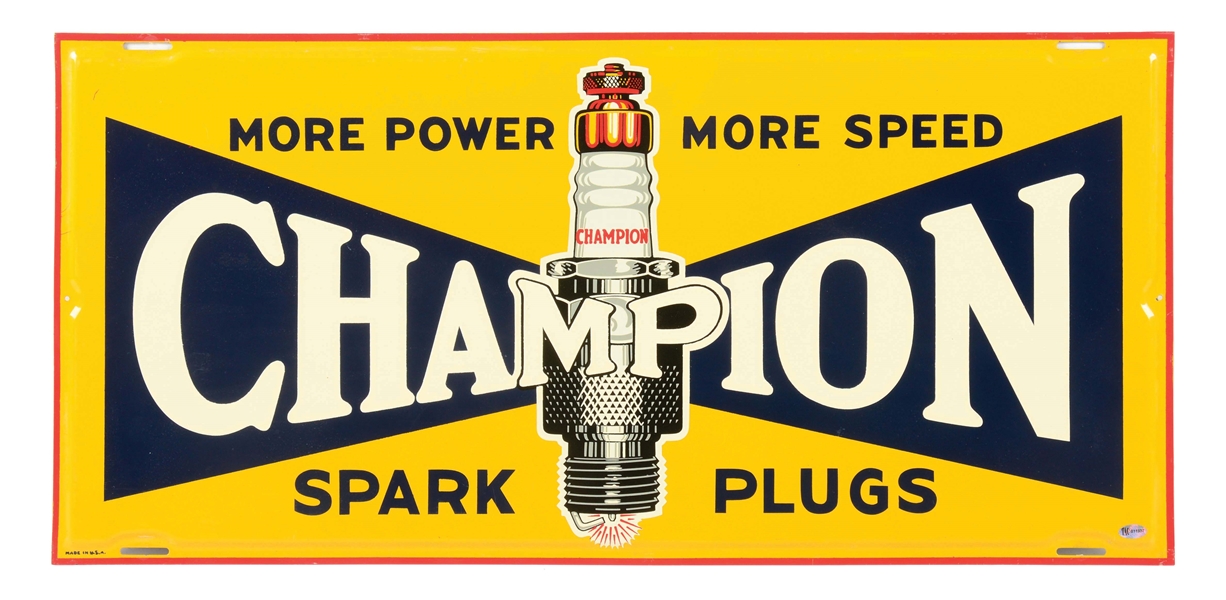 CHAMPION SPARK PLUGS N.O.S. TIN SERVICE STATION SIGN W/ SPARK PLUG GRAPHIC. 