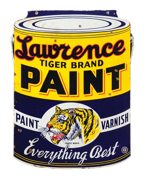 LAWRENCE TIGER BRAND PAINT PORCELAIN SIGN W/ TIGER GRAPHIC. 